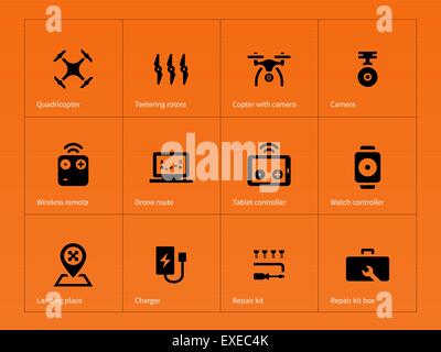Wireless-Drohne Symbole auf orangem Hintergrund. Stock Vektor