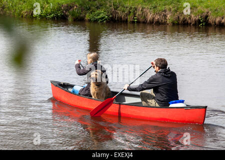 Europa, Deutschland, Niedersachsen, Worpswede, Kanufahren auf dem Fluss Hamme im Neu Helgoland, Teufelsmoor mit einem Hund.  Europa, Deutsch Stockfoto