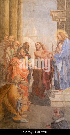 Rom - das Fresko als die Johannes dem Täufer zeigt den Christus von Leonardo Milanese vom 16. Jhdt. Kirche San Pietro in Montorio. Stockfoto