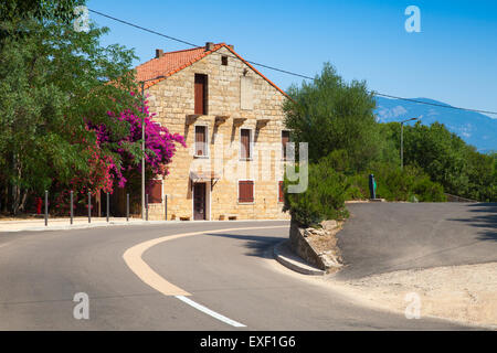 Figari Süd-Korsika. Alten Naturfreunden Haus aus Stein mit roten Ziegeldach in der Nähe von Asphaltstraße Stockfoto