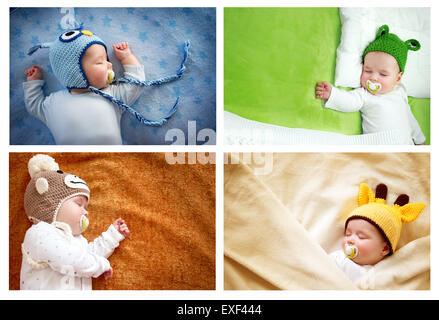 Schlafendes Baby in Tier Hüte-Set Stockfoto