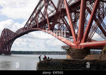 Gruppe junger Männer sitzen auf einem Pier unter die Forth Bridge, North Queensferry, Fife Stockfoto