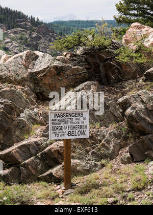 Warnzeichen über Toltec Schlucht, Cumbres & Toltec Scenic Railroad, Chama, New Mexico nach Antonito, Colorado. Stockfoto