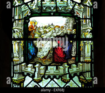 St. George liefert Prinzessin Sabra, ihr Vater, 19. Jh. Glasfenster, Pfarrkirche Sandringham, Norfolk, England Stockfoto