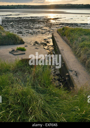 Abendsonne bei Ebbe auf konkrete leichter Bargen gestrandet im Purton zu verhindern, dass der Fluss Severn-Erroding in der Gloucest Stockfoto