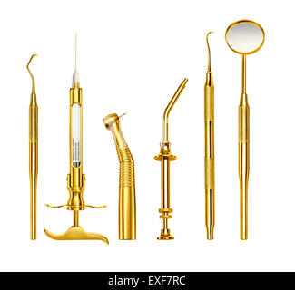 Eine Reihe von gold Zahnarzt Werkzeuge Stockfoto