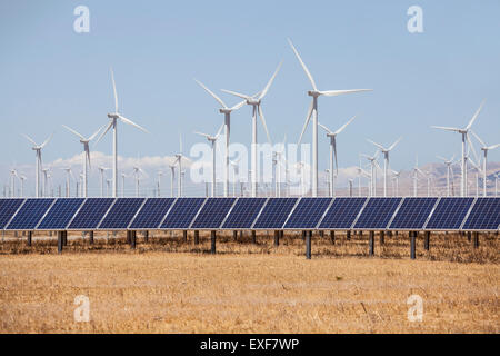 Wind-Mühlen und Sonnenkollektoren alternative Energiegewinnung. Stockfoto