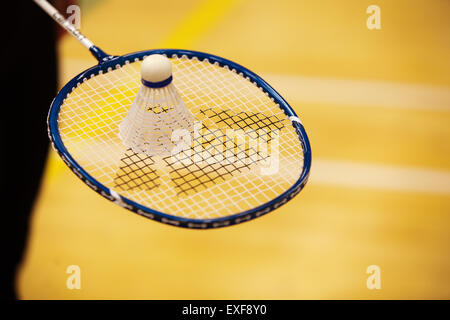 Federball auf Badminton-Schläger Stockfoto