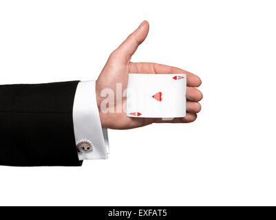 Ein Magier Hand palming das Herz Ass Stockfoto