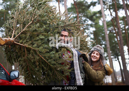 Junges Paar Tragetasche Weihnachtsbaum auf Schultern auf Parkplatz Stockfoto
