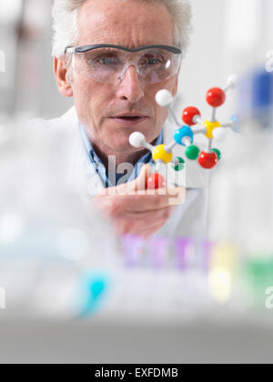 Wissenschaftler betrachten Molekülmodell einer chemischen Formel in einem Labor Stockfoto