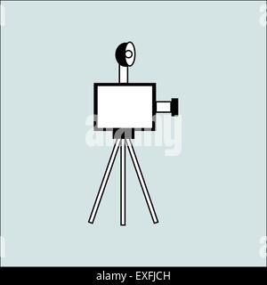 Vintage-Kamera mit Blitz auf dem Stativ. Professionelle Fotoausrüstung Silhouette Stock Vektor