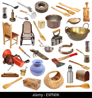 Collage mit großen Anzahl von Vintage Objekte isoliert auf weißem Hintergrund, bereit für Ihr design Stockfoto