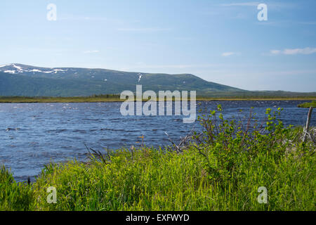 Ein Blick auf den Torfmooren Gros Morne mit Long Range Mountains im Hintergrund. Stockfoto