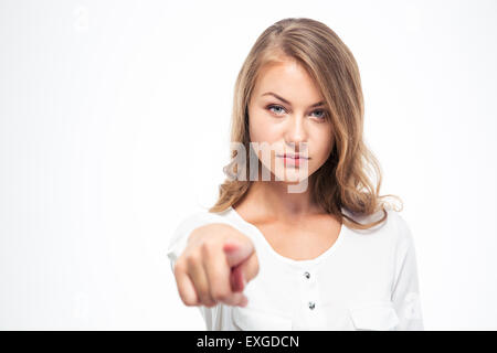 Junge schöne Frau Zeigefinger in die Kamera auf einem weißen Hintergrund isoliert Stockfoto