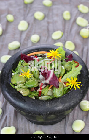 Nahaufnahme von Bohnen, Salat mit Speck und Chili. Stockfoto