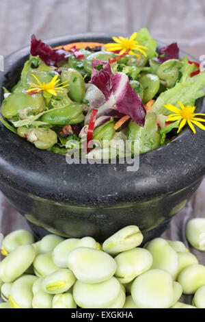 Nahaufnahme von Bohnen, Salat mit Speck und Chili. Stockfoto