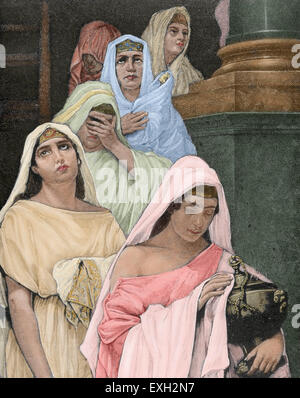 Priesterinnen der Göttin Vesta im Tempel. Gravur. Farbige. Stockfoto