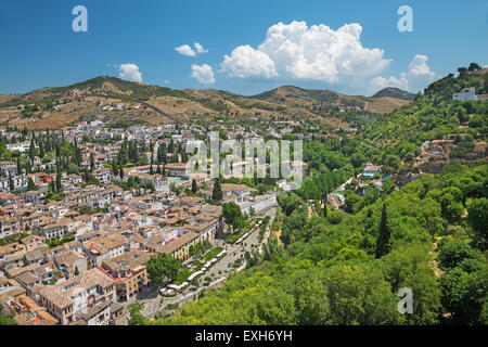 Granada - die Aussichten über das Albaicín Viertel von Alhambra-Festung. Stockfoto