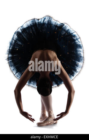 Silhouette von schönen weiblichen Balletttänzer isoliert auf einem weißen Hintergrund. Ballerina trägt ein Königsblau Tutu und pointe Stockfoto