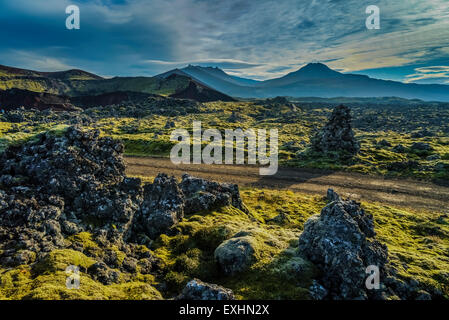 Lava und Moos Landschaft an der Seite der Straße, Berserkjahraun, Snaefellsnes Halbinsel, Island Stockfoto