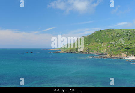 Landzunge mit blühenden Sträuchern auf dem South West Coastal Path, in der Nähe von Salcombe, auf der Südküste von Devon, England, UK Stockfoto