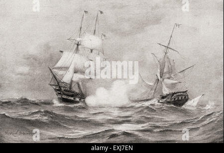 Der Kampf zwischen USS Constitution und HMS Guerriere, während der Krieg von 1812, etwa 400 Meilen südöstlich von Halifax, Nova Scotia. Stockfoto