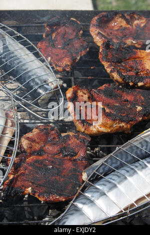 Nahaufnahme Bild Feuer grillen Makrele und rotes Fleisch auf Holzkohle. Stockfoto