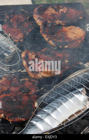 Nahaufnahme Bild Feuer grillen Makrele und rotes Fleisch auf Holzkohle. Stockfoto