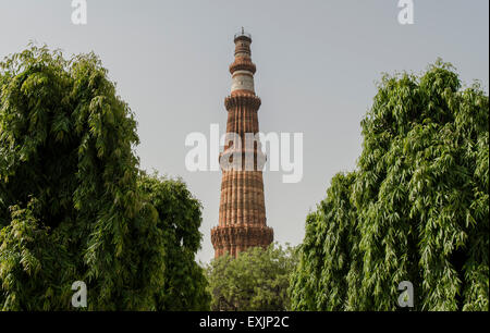 QUTUB MINAR UNTER LAUB UND GRÜN DES WELTKULTURERBES QUTUB KOMPLEX GESEHEN IN NEW DELHI INDIEN Stockfoto