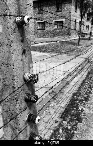 Elektrozaun zu bändigen Häftlinge im KZ Auschwitz-Birkenau in der Nähe von Krakau, Polen Stockfoto