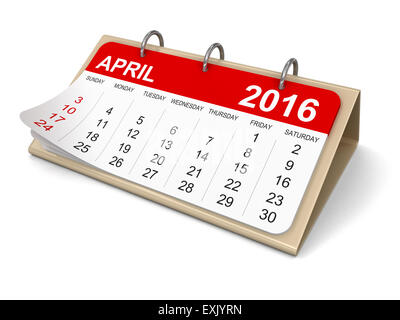 Kalender - April 2016 (Clipping-Pfad enthalten) Stockfoto