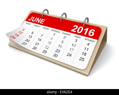 Kalender - Juni 2016 (Clipping-Pfad enthalten) Stockfoto