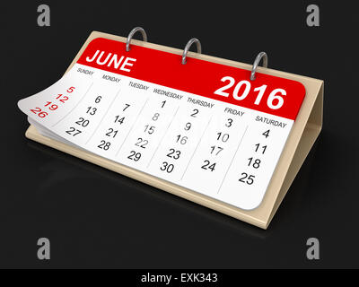 Kalender - Juni 2016 (Clipping-Pfad enthalten) Stockfoto