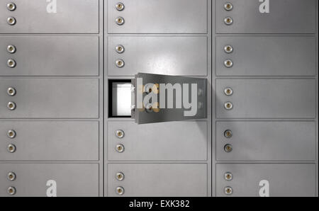 Eine Nahaufnahme von einer Mauer aus geschlossenen Metall Safes mit einem offenen offenbart seinen Inhalt in Stockfoto