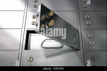 Eine Nahaufnahme von einer Mauer aus geschlossenen Metall Safes mit einem offenen offenbart seinen Inhalt in Stockfoto