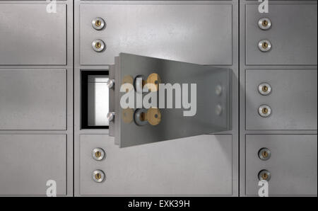 Eine Nahaufnahme von einer Mauer aus geschlossenen Metall Safes mit einem offenen offenbart seinen Inhalt in Stockfoto