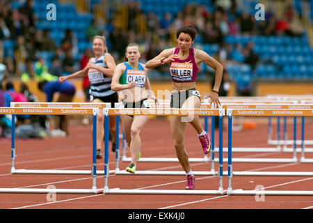 Yasmin Müller & Kelly CLARK Frauen 100m Hürden Heizen 4 2014 Sainsbury britischen Meisterschaften Birmingham Alexander Stadion UK Stockfoto