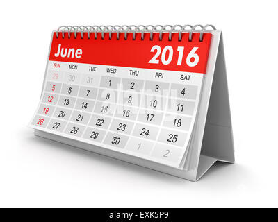 Kalender - Juni 2016 (Clipping-Pfad enthalten) Stockfoto