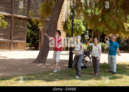 Ältere einheimische tun eine Tai Chi-Klasse in einer Gruppe, Parc De La Ciutadella (Ciutadella Park), Barcelona, Spanien-Europa Stockfoto