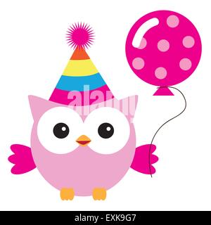 Eule, Geburtstag, rosa, niedlich, lustig, Cartoon, Illustration, isoliert, Vektor, Vogel Stock Vektor