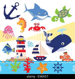 Meer Tier, Seepferdchen, Quallen, Krebse, Vektor, Cartoon, illustration Stock Vektor