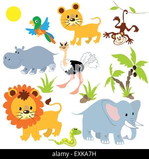 Löwe, Löwin, Elefant, Papagei, Palme, Nilpferd, Affe, niedlich, Tier, Dschungeltier, lustig, Vektor, Cartoon, Illustration Stock Vektor