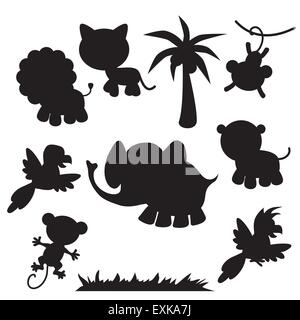 Löwe, Löwin, Elefant, Papagei, Palme, Affe, niedlich, Tier, Dschungeltier, lustig, Cartoon, Illustration, Vektor, Silhouette, schwarz Stock Vektor