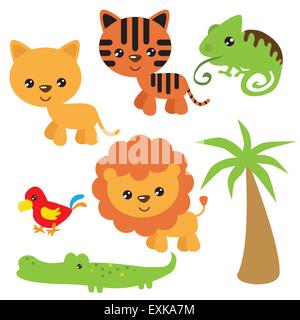 Löwe, Papagei, Palme, Affe, niedlich, Tier, Dschungeltier, lustig, Cartoon, Illustration, Vektor, Krokodil Stock Vektor