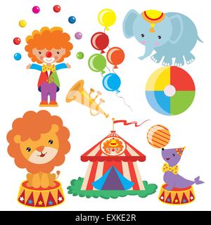 Zirkus, Clown, Zirkus Tier, Zirkus Siegel, Zirkus Löwe, Zirkus, Elefanten, niedlich, lustig, Cartoon, Illustration, isoliert, Vektor Stock Vektor