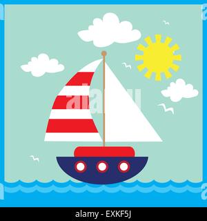 Meer, Yacht, Landschaft, Vektor, Cartoon, illustration Stock Vektor