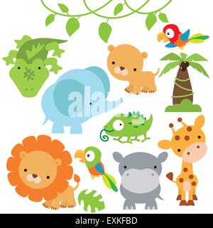 Löwe Löwin Elefant Papagei Palm Baum niedliche Tier Dschungel Tiere lustige Vektor Cartoon Illustration Giraffe Krokodil Stock Vektor