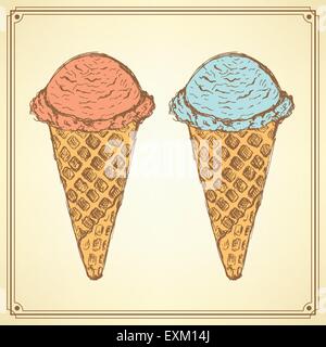 Skizzieren Sie Eiscreme-Kegel im Vintage-Stil, Vektor Stock Vektor
