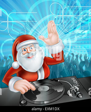 Weihnachtsmann Cartoon Weihnachtsfeier DJ mit an den Rekord Decks mit tanzenden Menge im Hintergrund Stockfoto